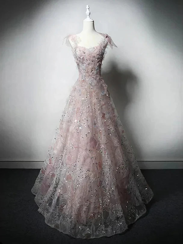 Ethereal A-Line Spaghetti-Strap Floral-Sequin Sheer-Sleeve Lace-Up Back Train Length Evening Dresses