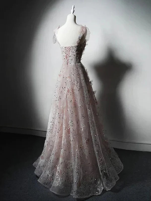 Ethereal A-Line Spaghetti-Strap Floral-Sequin Sheer-Sleeve Lace-Up Back Train Length Evening Dresses