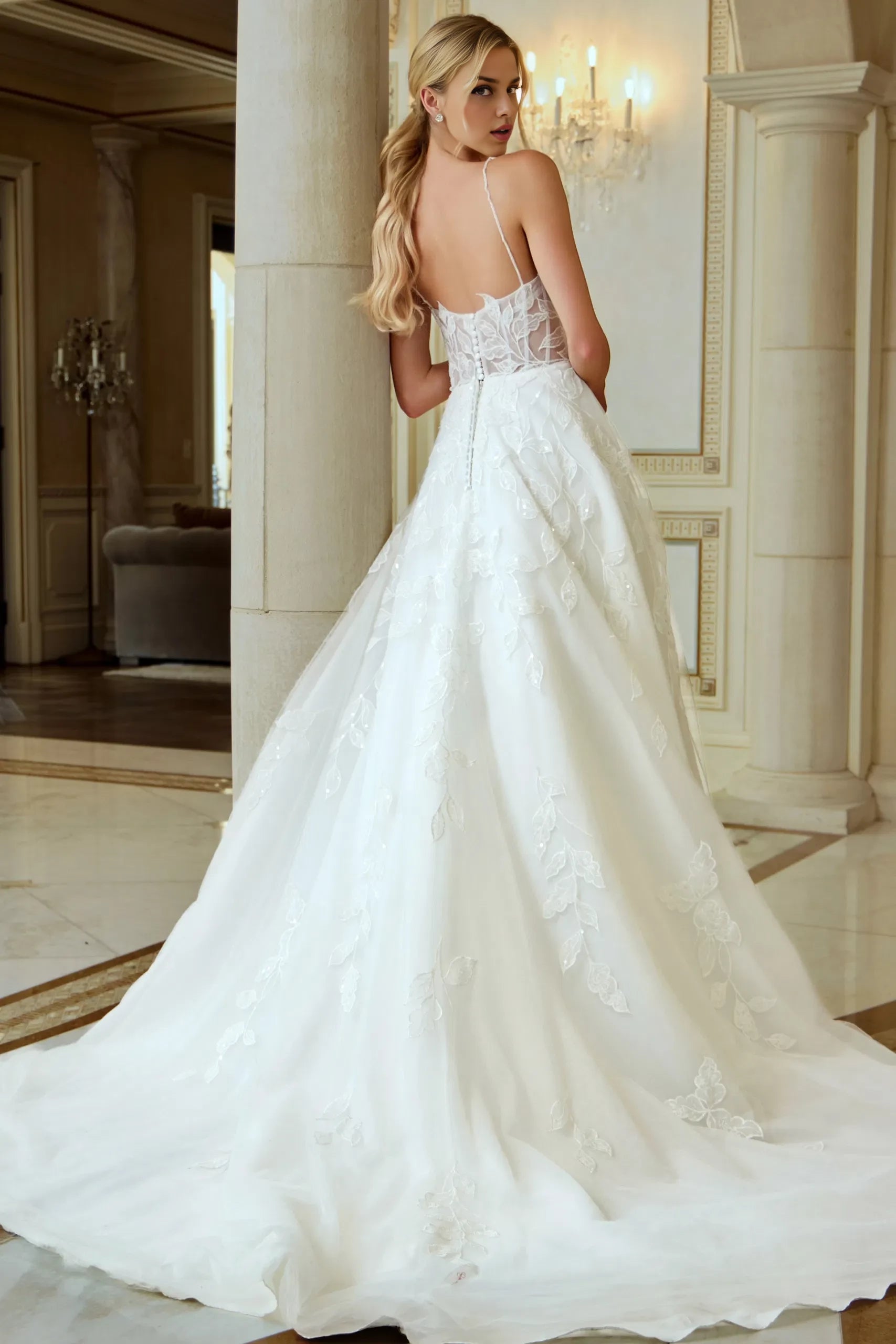 Ethereal A-Line Spaghetti-Strap Leaf-Lace Sheer-Back Train Length Wedding Dresses