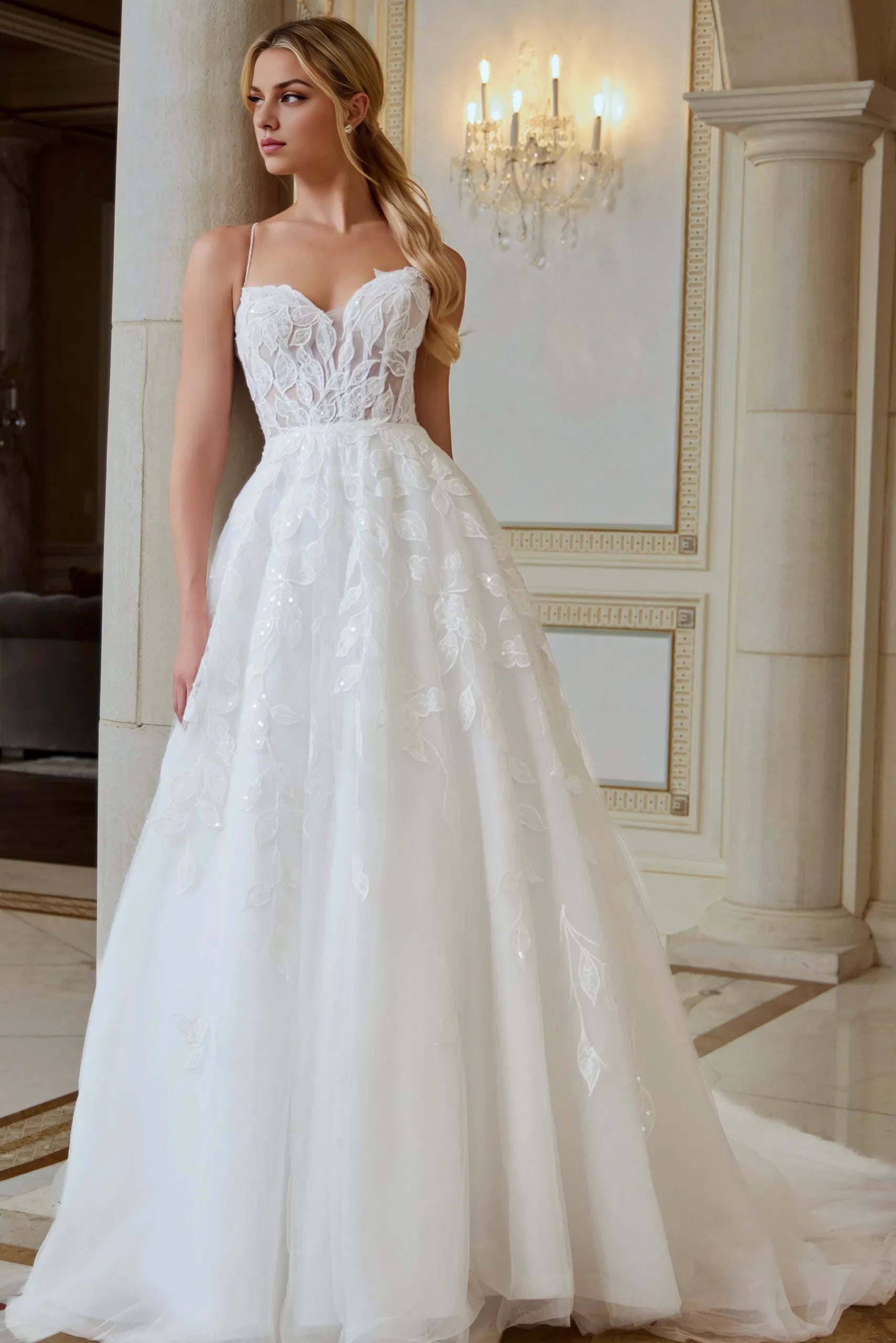 Ethereal A-Line Spaghetti-Strap Leaf-Lace Sheer-Back Train Length Wedding Dresses