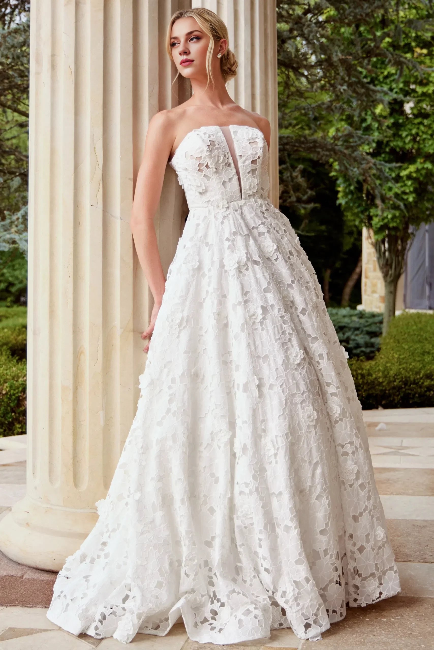 Ethereal A-Line Strapless 3D-Floral-Lace Keyhole-Back Train Length Wedding Dresses