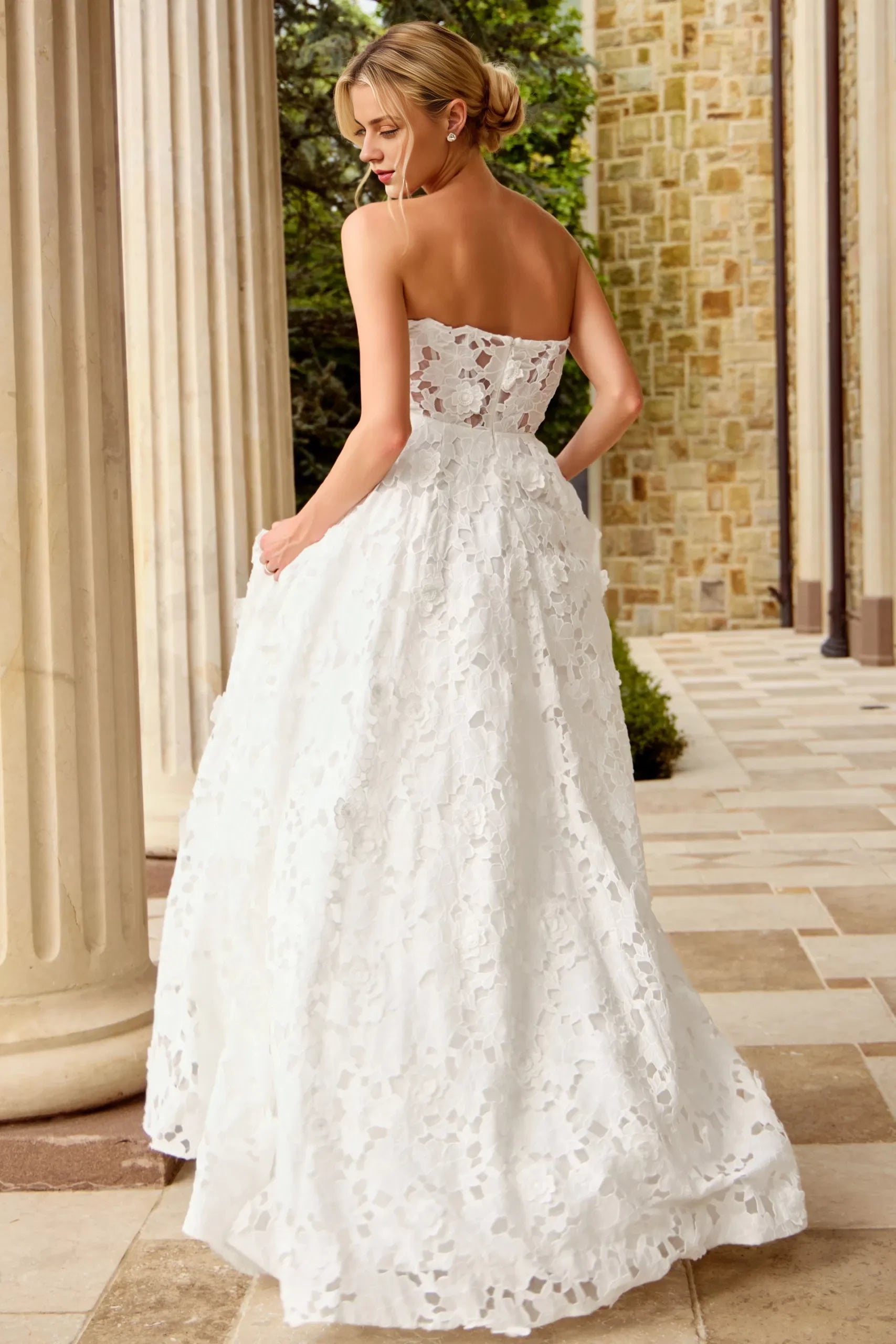 Ethereal A-Line Strapless 3D-Floral-Lace Keyhole-Back Train Length Wedding Dresses