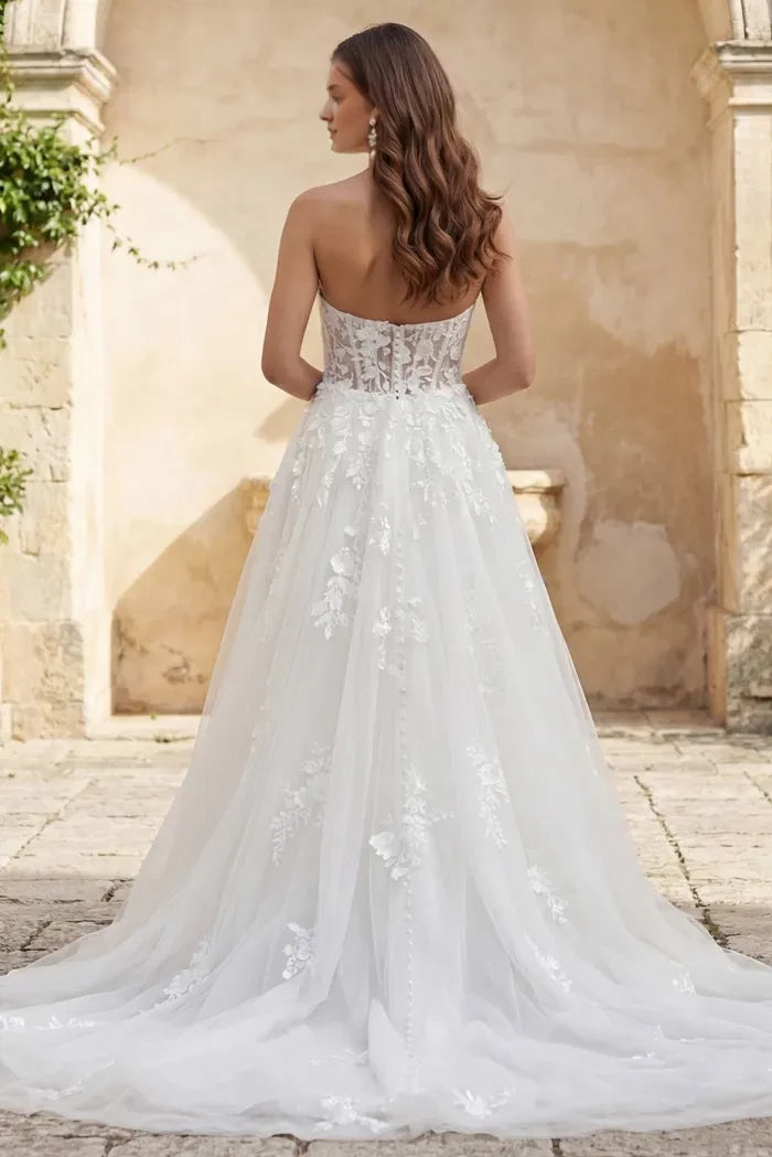 Ethereal A-Line Strapless Floral-Lace Sheer-Back Train Length Wedding Dresses