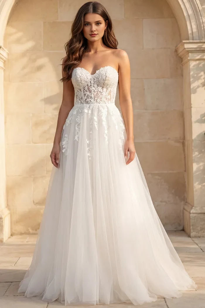 Ethereal A-Line Strapless Floral-Lace Sheer-Back Train Length Wedding Dresses