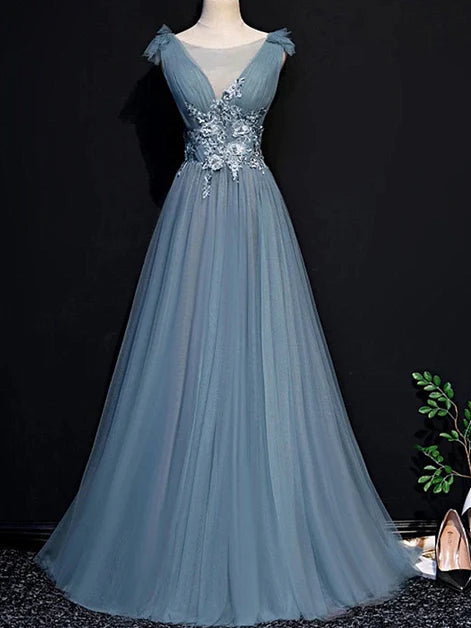 Ethereal A-Line V-Neck Tulle Floral-Embroidered Lace-Up Back Train Length Evening Dresses