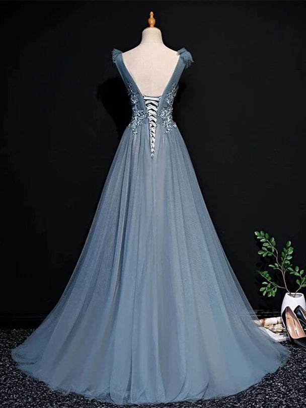 Ethereal A-Line V-Neck Tulle Floral-Embroidered Lace-Up Back Train Length Evening Dresses