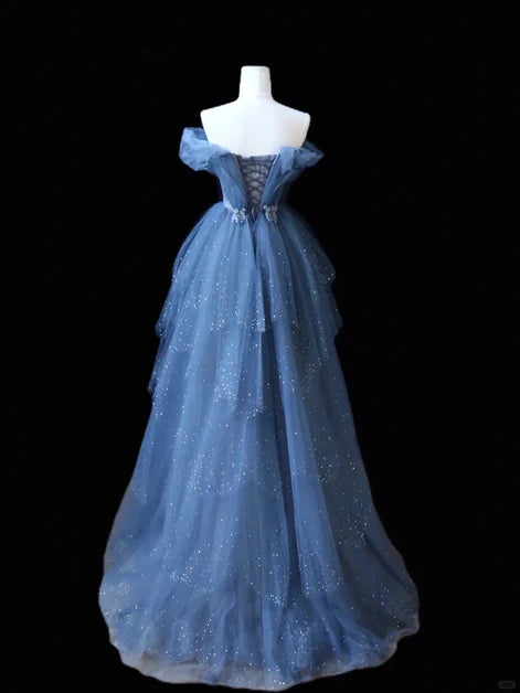 Ethereal Ballgown Off-Shoulder Glitter-Tulle Ruffled Lace-Up Back Train Length Evening Dresses