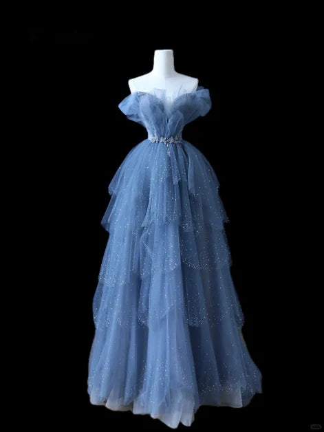 Ethereal Ballgown Off-Shoulder Glitter-Tulle Ruffled Lace-Up Back Train Length Evening Dresses