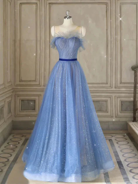 Ethereal Ballgown Off-Shoulder Glitter-Tulle Velvet-Belt Back-Zip Floor-Length Evening Dresses