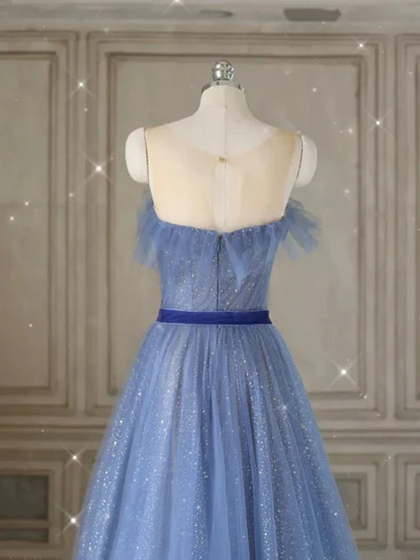 Ethereal Ballgown Off-Shoulder Glitter-Tulle Velvet-Belt Back-Zip Floor-Length Evening Dresses