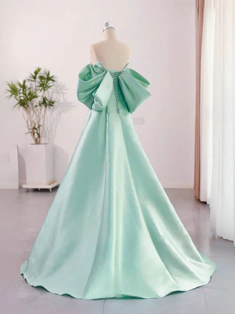 Ethereal Ballgown Off-Shoulder Satin Oversized-Bow Lace-Up Back Floor-Length Evening Dresses