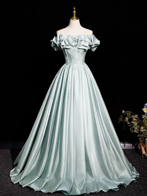 Ethereal Ballgown Off-Shoulder Satin Ruffled-Lace-Up Back Floor-Length Evening Dresses