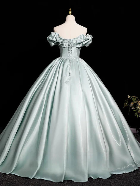 Ethereal Ballgown Off-Shoulder Satin Ruffled-Lace-Up Back Floor-Length Evening Dresses