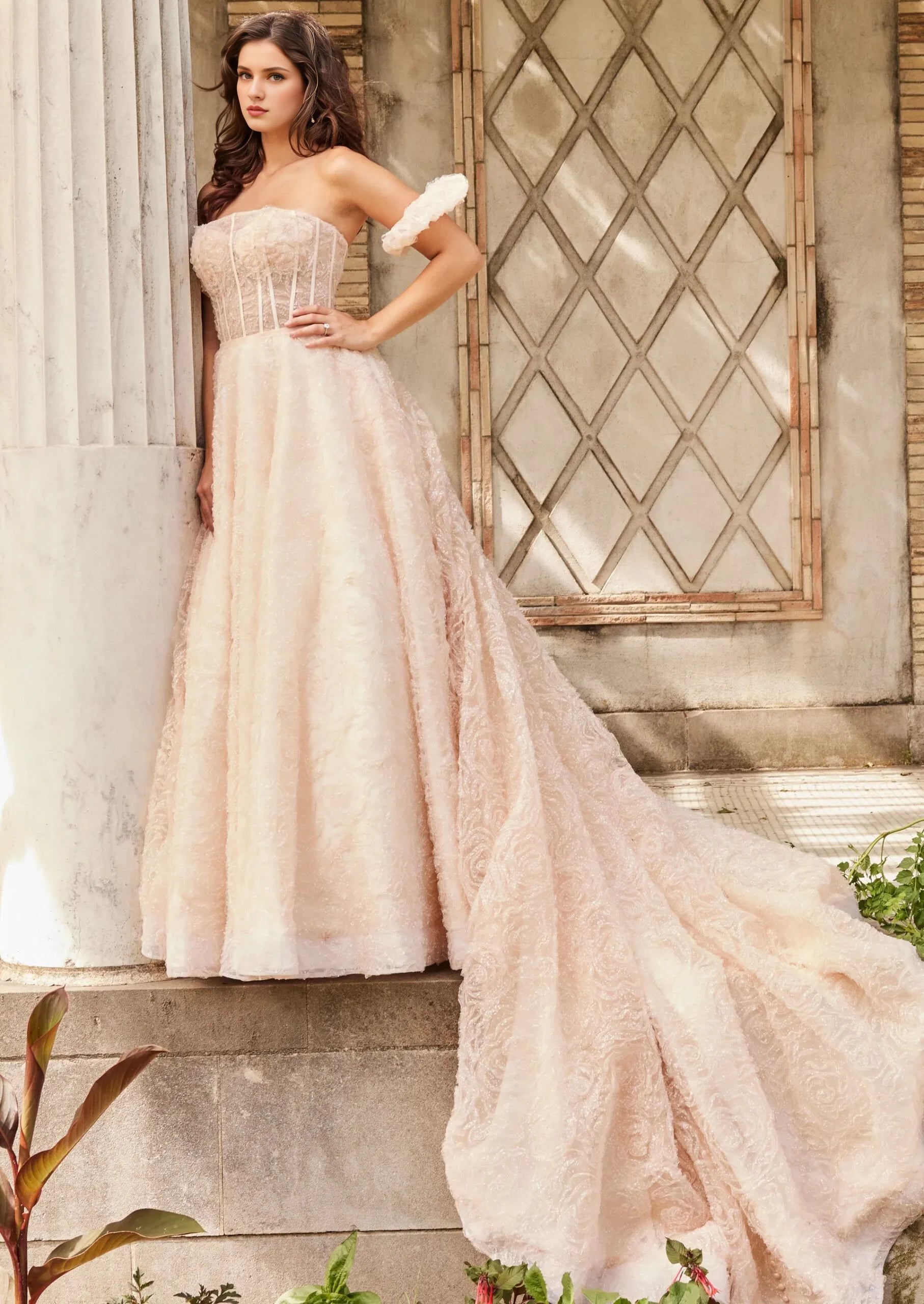 Ethereal Ballgown Off-Shoulder Textured-Lace Pearl-Button Back Train Length Wedding Dresses