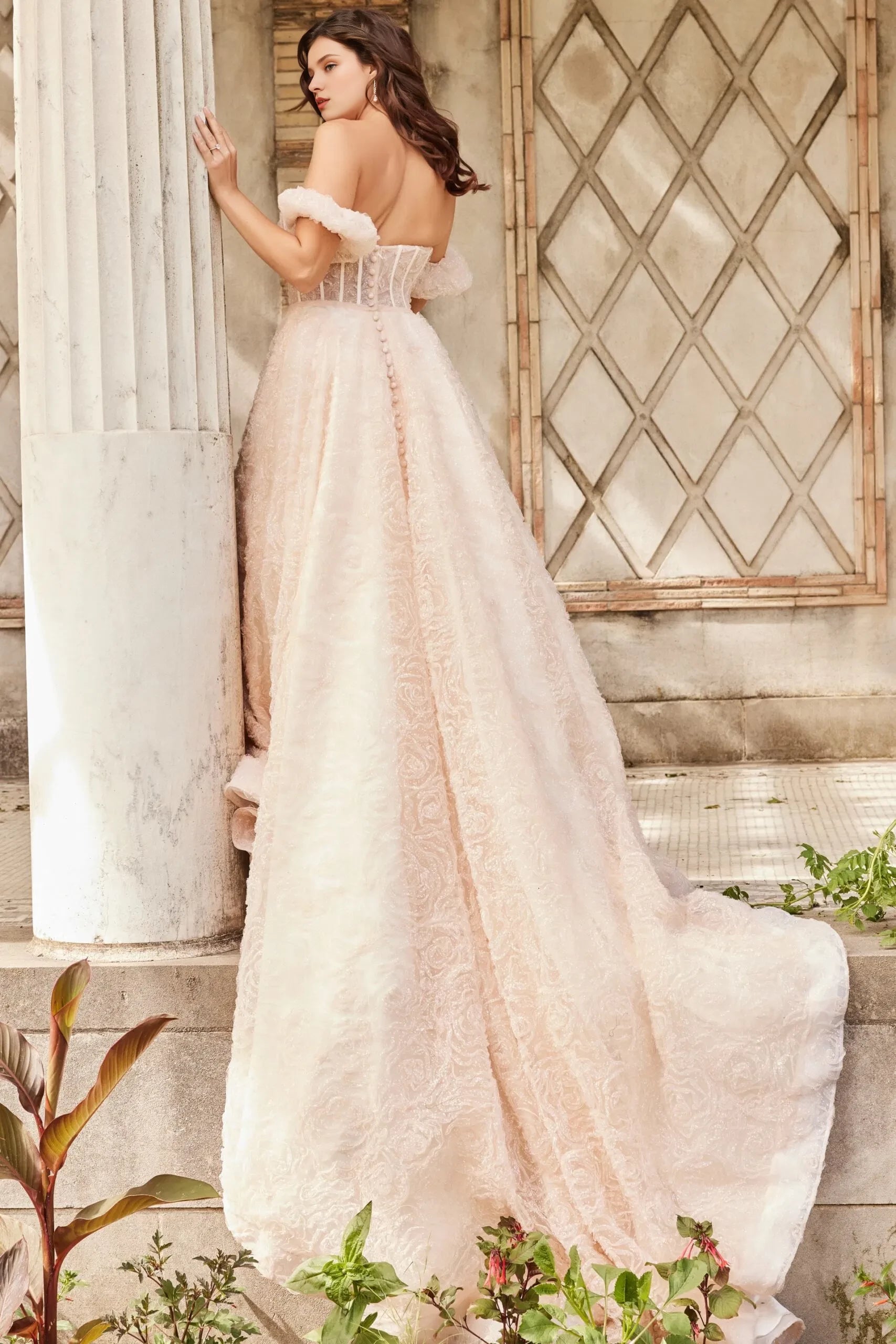 Ethereal Ballgown Off-Shoulder Textured-Lace Pearl-Button Back Train Length Wedding Dresses