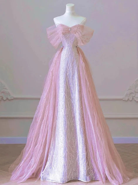 Ethereal Ballgown Off-Shoulder Tulle Beaded-Bodice Oversized-Bow Back Train Length Evening Dresses
