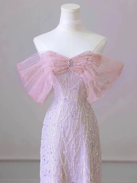 Ethereal Ballgown Off-Shoulder Tulle Beaded-Bodice Oversized-Bow Back Train Length Evening Dresses