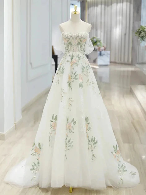 Ethereal Ballgown Off-Shoulder Tulle Floral-Embroidery Lace-Up Back Train Length Evening Dresses