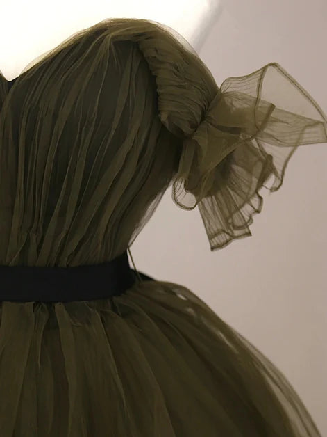 Ethereal Ballgown Off-Shoulder Tulle Ruffled Contrast-Belt Lace-Up Back Train Length Evening Dresses