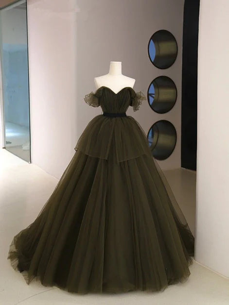 Ethereal Ballgown Off-Shoulder Tulle Ruffled Contrast-Belt Lace-Up Back Train Length Evening Dresses