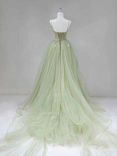 Ethereal Ballgown Spaghetti-Strap Tulle Embellished-Bodice Lace-Up Back Train Length Evening Dresses
