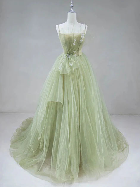 Ethereal Ballgown Spaghetti-Strap Tulle Embellished-Bodice Lace-Up Back Train Length Evening Dresses