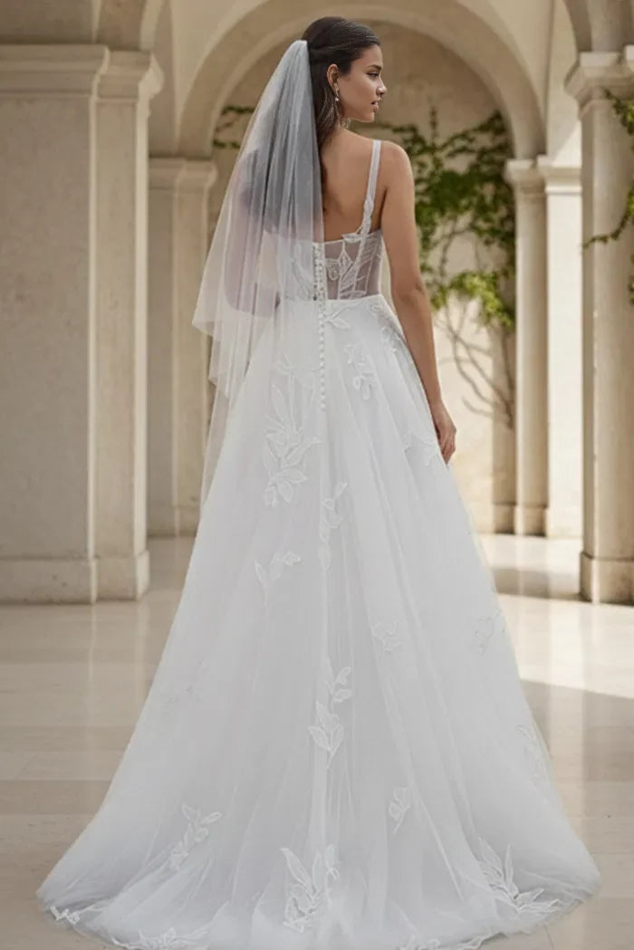 Ethereal Ballgown Square-Neck Sleeveless Lace-Open-Back Train Length Wedding Dresses