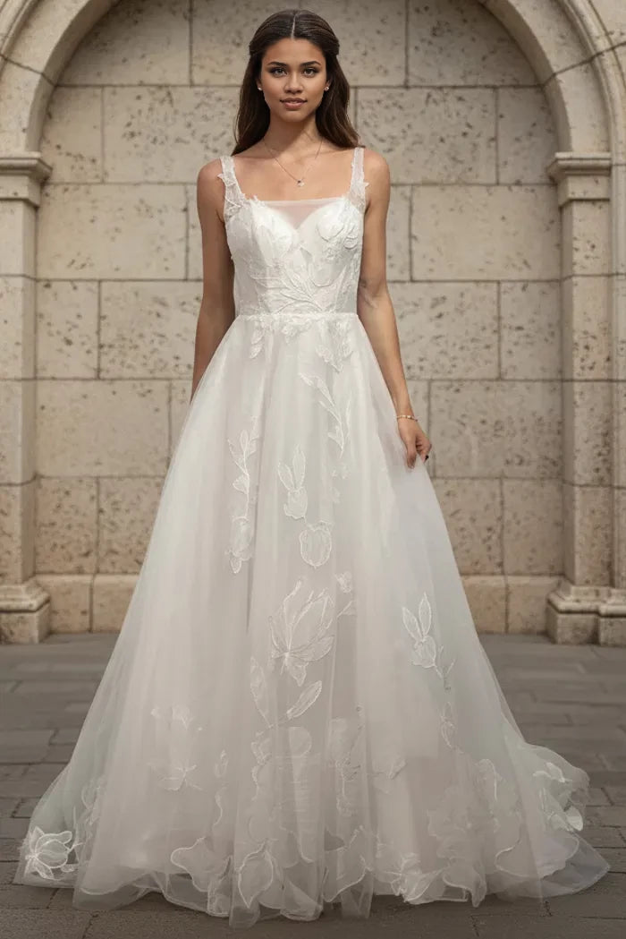 Ethereal Ballgown Square-Neck Sleeveless Lace-Open-Back Train Length Wedding Dresses