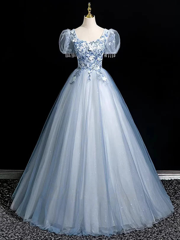 Ethereal Ballgown Square-Neck Tulle 3D-Flower Puff-Sleeve Lace-Up Back Floor-Length Evening Dresses