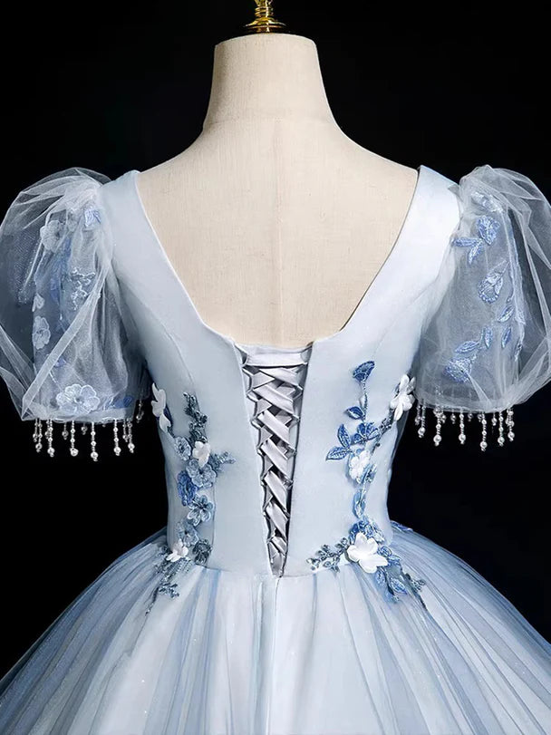 Ethereal Ballgown Square-Neck Tulle 3D-Flower Puff-Sleeve Lace-Up Back Floor-Length Evening Dresses