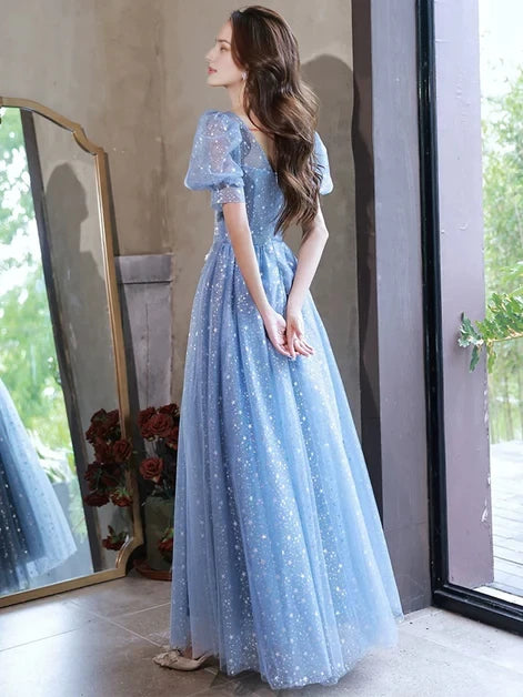 Ethereal Ballgown Square-Neck Tulle Star-Sequin Puff-Sleeve Back-Zip Floor-Length Evening Dresses