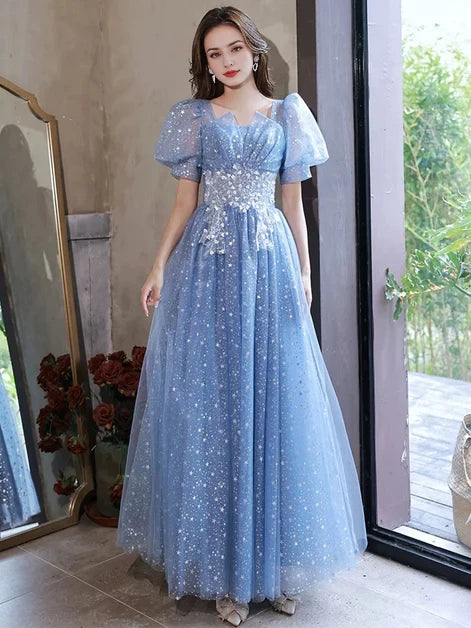 Ethereal Ballgown Square-Neck Tulle Star-Sequin Puff-Sleeve Back-Zip Floor-Length Evening Dresses
