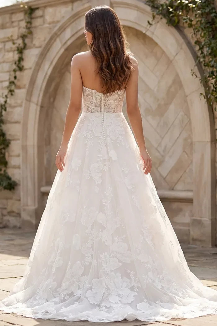 Ethereal Ballgown Strapless 3D-Floral-Lace Pearl-Button Back Full Length Wedding Dresses