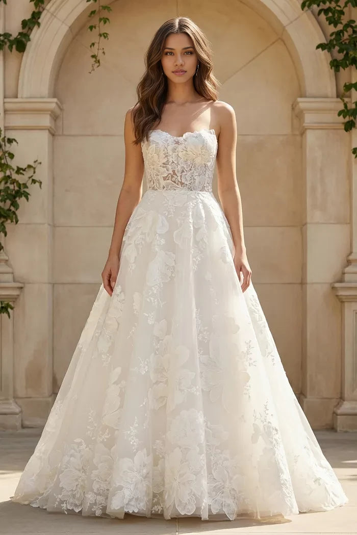 Ethereal Ballgown Strapless 3D-Floral-Lace Pearl-Button Back Full Length Wedding Dresses