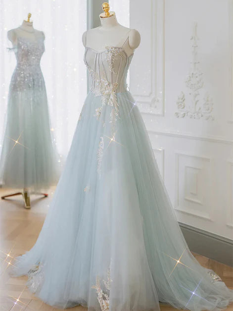 Ethereal Ballgown Sweetheart-Tulle Sequin-Embroidery Spaghetti-Strap Lace-Up Back Train Length Evening Dresses