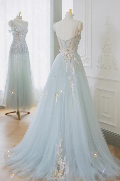 Ethereal Ballgown Sweetheart-Tulle Sequin-Embroidery Spaghetti-Strap Lace-Up Back Train Length Evening Dresses