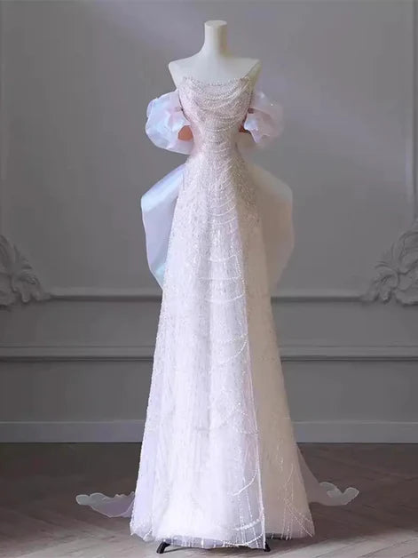 Ethereal Mermaid Off-Shoulder Tulle Beaded Oversized-Bow Lace-Up Back Train Length Evening Dresses