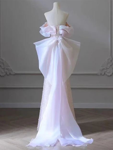 Ethereal Mermaid Off-Shoulder Tulle Beaded Oversized-Bow Lace-Up Back Train Length Evening Dresses