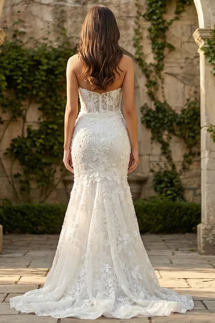 Ethereal Mermaid Strapless 3D-Floral-Lace Open-Back Train Length Wedding Dresses