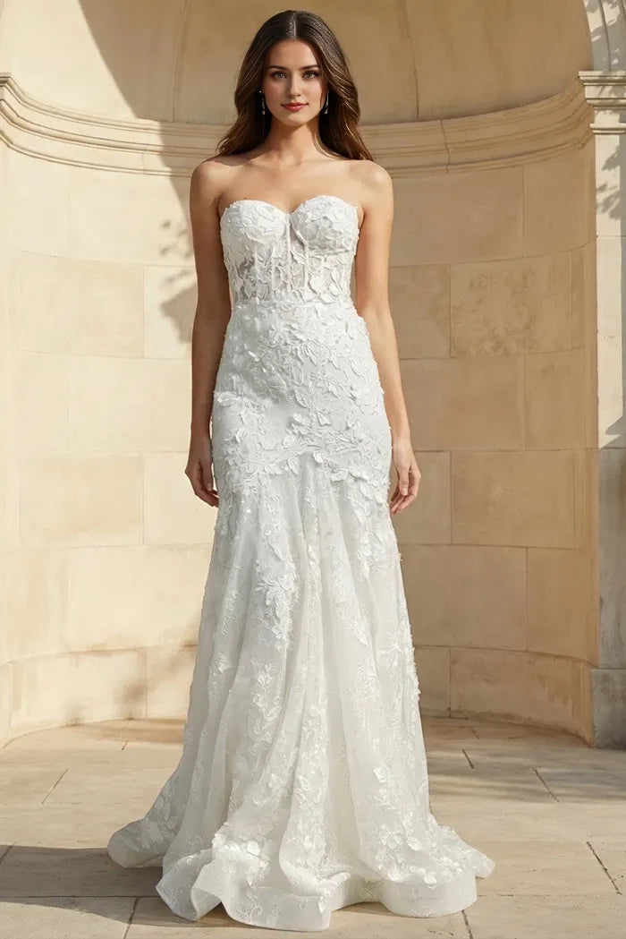 Ethereal Mermaid Strapless 3D-Floral-Lace Open-Back Train Length Wedding Dresses