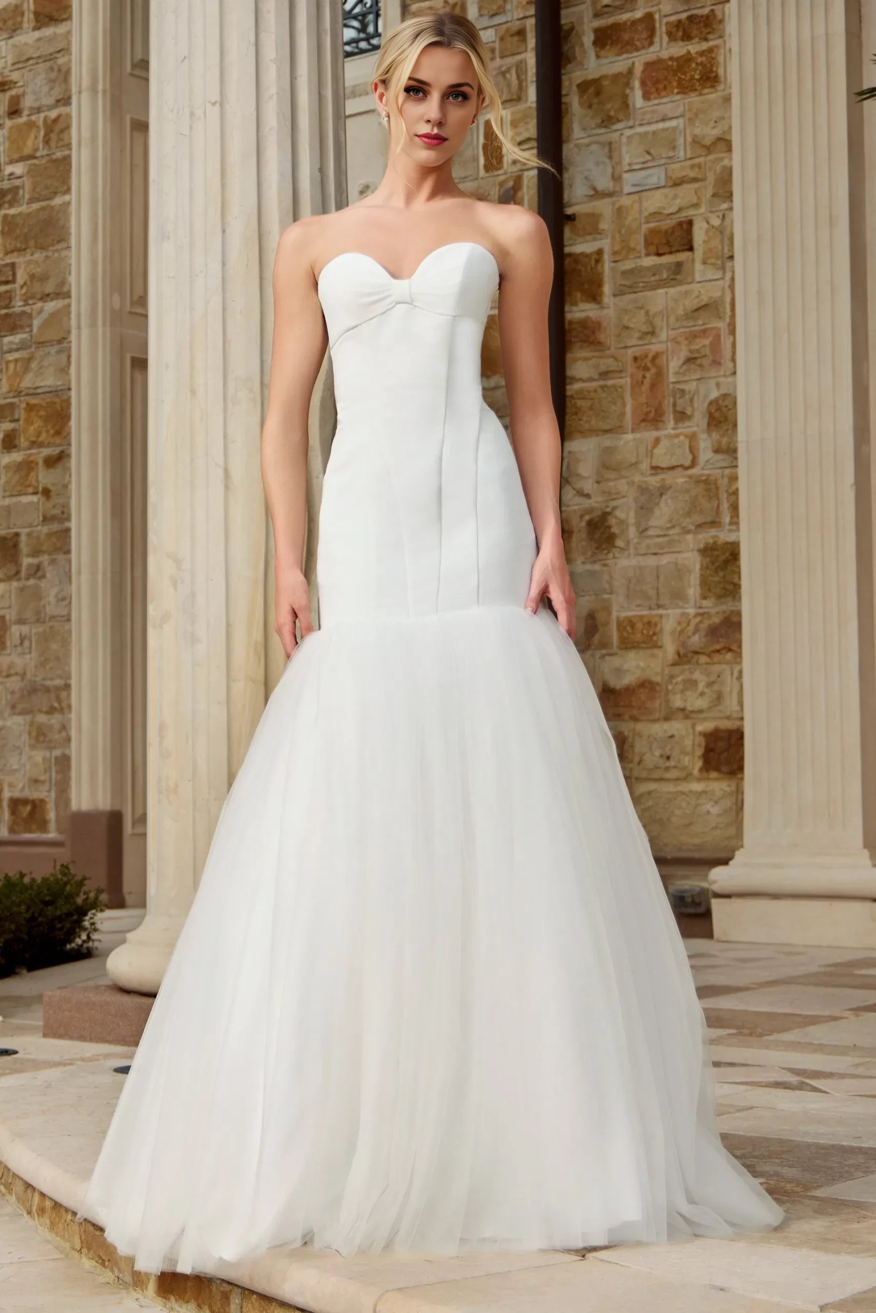 Ethereal Mermaid Strapless Bow-Accent Tulle-Skirt Open-Back Train Length Wedding Dresses