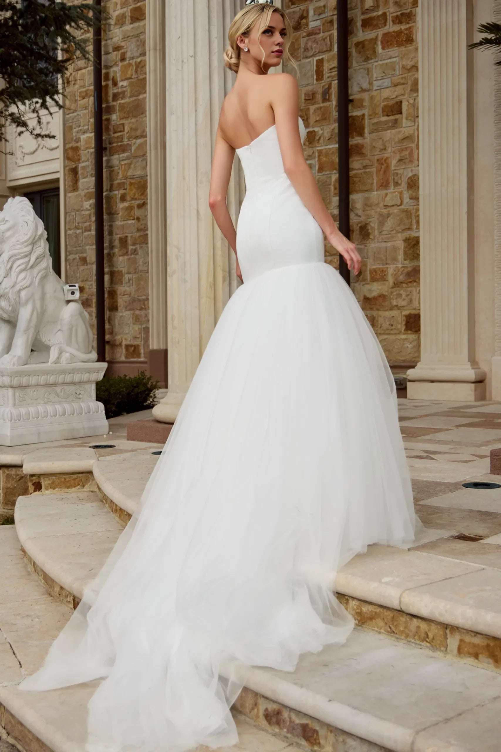 Ethereal Mermaid Strapless Bow-Accent Tulle-Skirt Open-Back Train Length Wedding Dresses