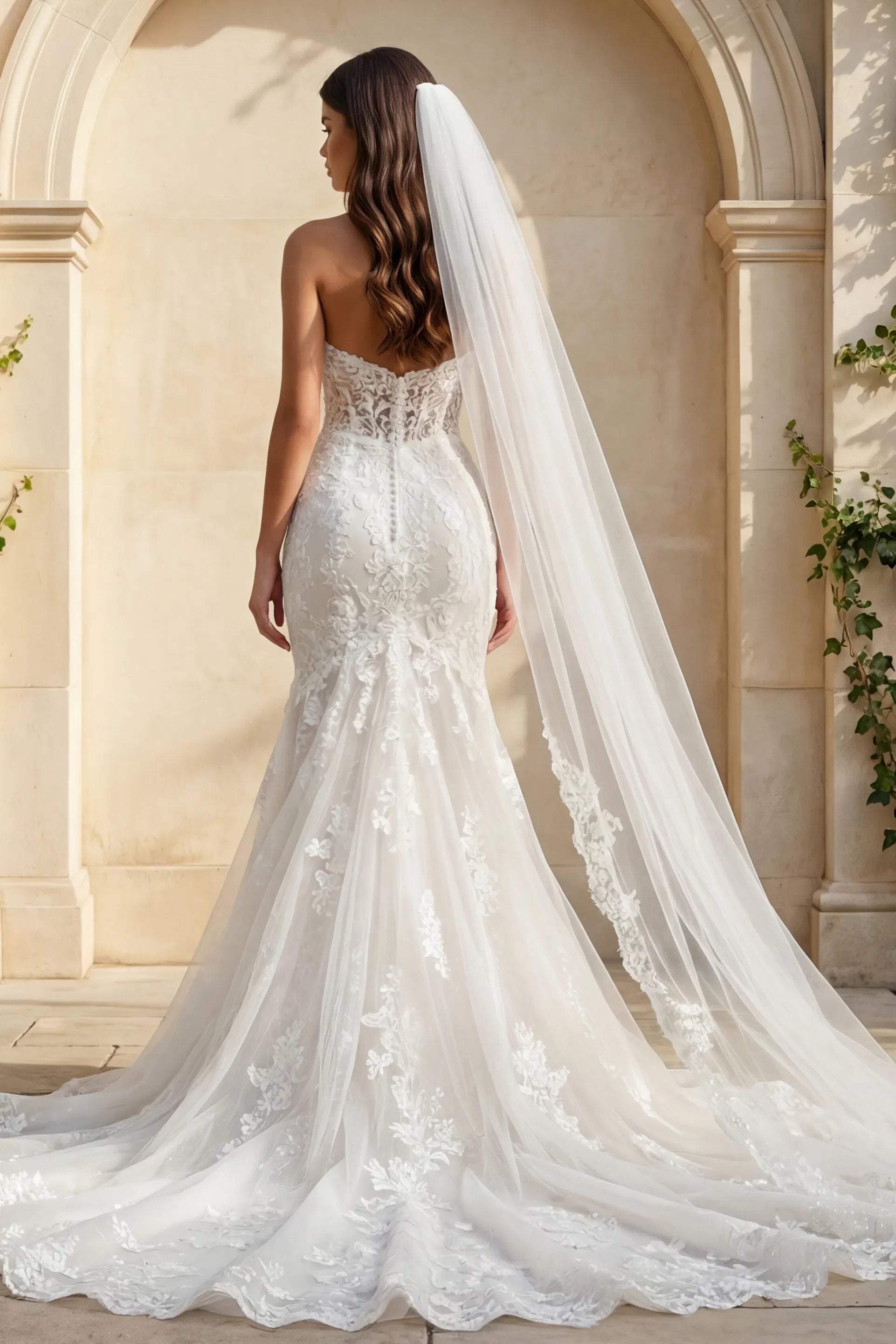 Ethereal Mermaid Strapless Lace-Cape Floral-Lace Open-Back Train Length Wedding Dresses