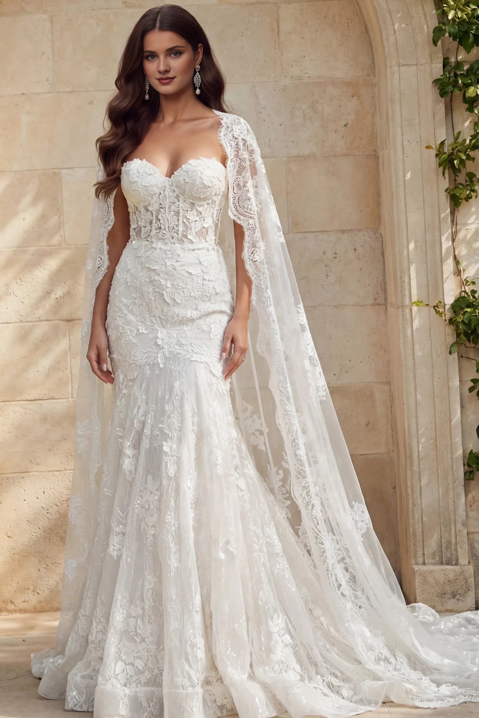 Ethereal Mermaid Strapless Lace-Cape Floral-Lace Open-Back Train Length Wedding Dresses