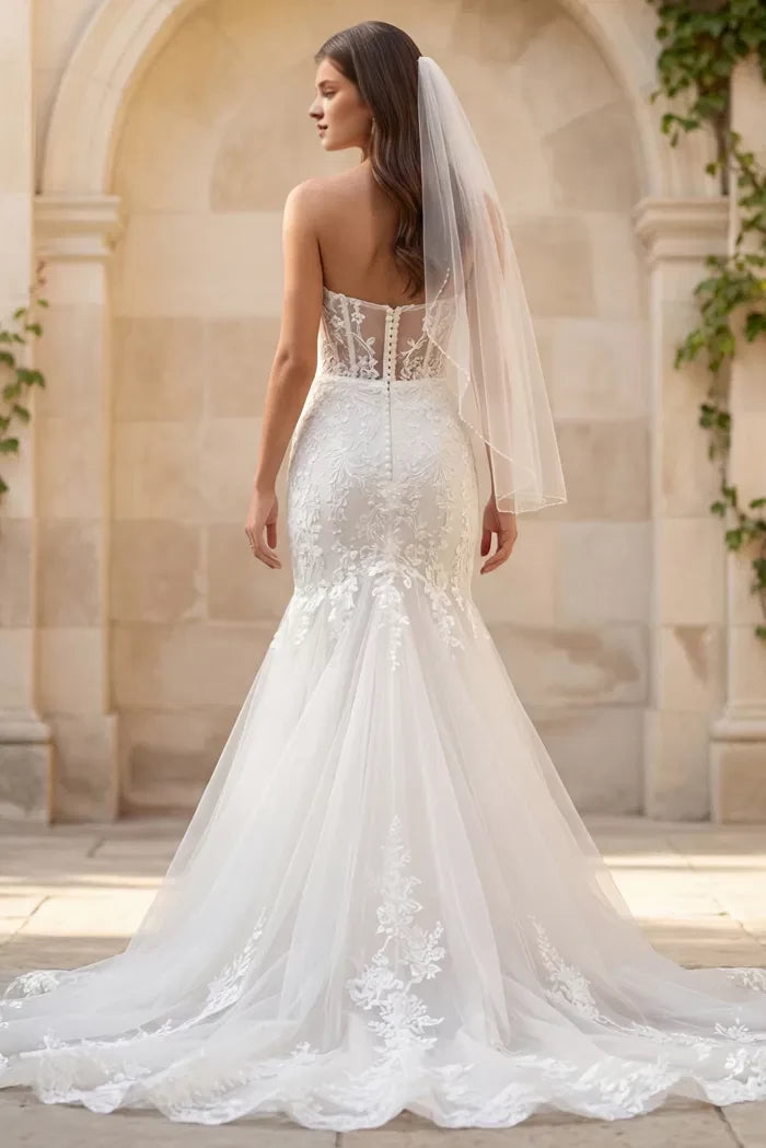 Ethereal Mermaid Strapless Lace-Tulle Pearl-Button Back Train Length Wedding Dresses