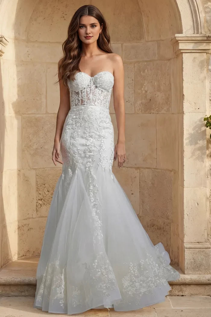 Ethereal Mermaid Strapless Lace-Tulle Pearl-Button Back Train Length Wedding Dresses