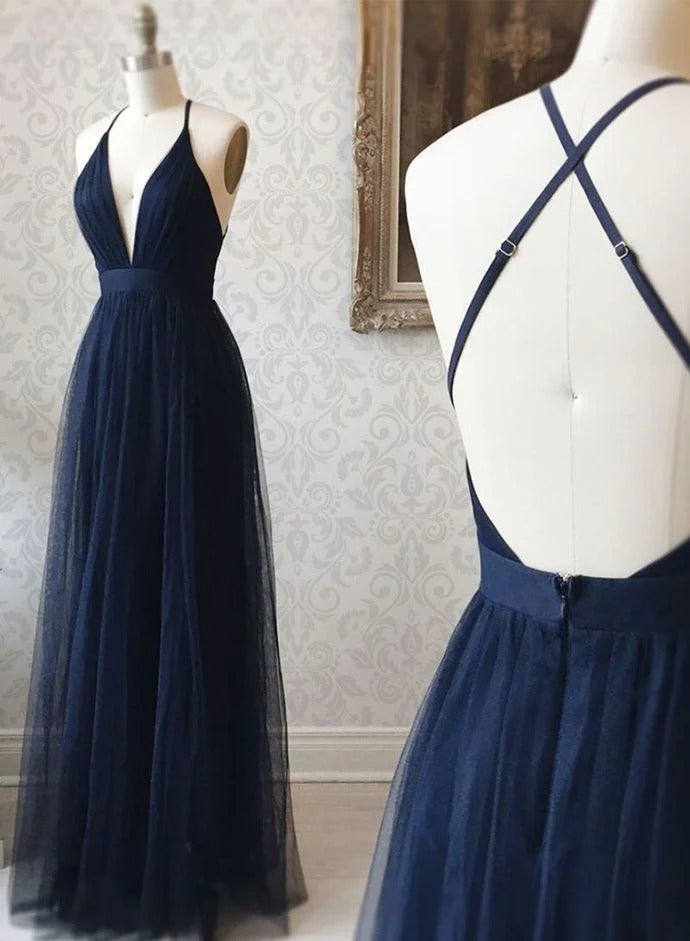 Ethereal A-Line Deep V-Neck Crisscross-Strap Navy Blue Tulle Prom Dresses