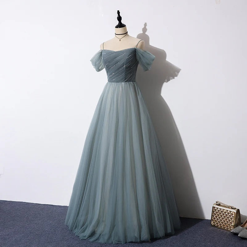Ethereal A-Line Off-the-Shoulder Beaded-Bodice Dusty-Blue Tulle Prom Dresses