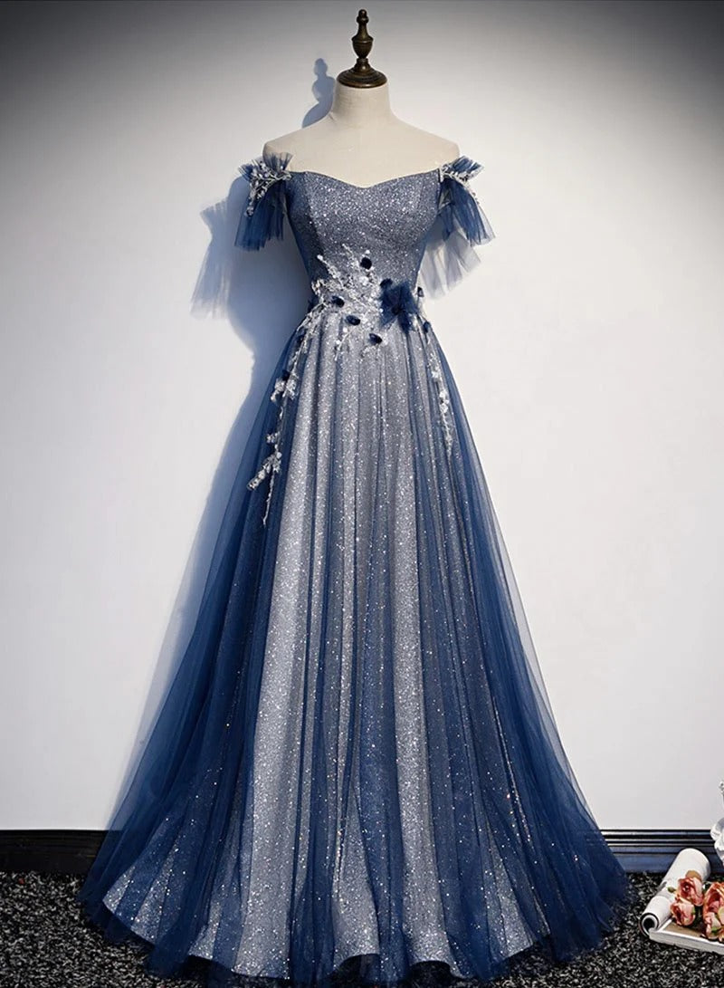 Ethereal A-Line Off-the-Shoulder Beaded-Bodice Dusty-Blue Tulle Prom Dresses