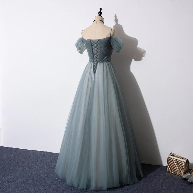 Ethereal A-Line Off-the-Shoulder Beaded-Bodice Dusty-Blue Tulle Prom Dresses